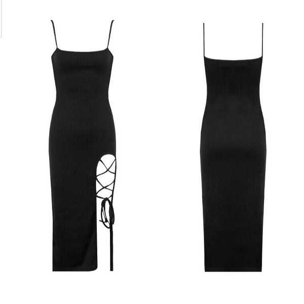 Temperament Summer Elastic Soft High Waist Side Slit Tie Up Spaghetti Straps Sleeveless Long Dress
