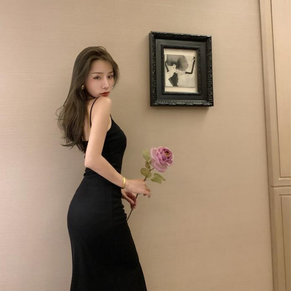 Temperament Summer Elastic Soft High Waist Side Slit Tie Up Spaghetti Straps Sleeveless Long Dress
