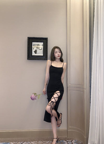Temperament Summer Elastic Soft High Waist Side Slit Tie Up Spaghetti Straps Sleeveless Long Dress