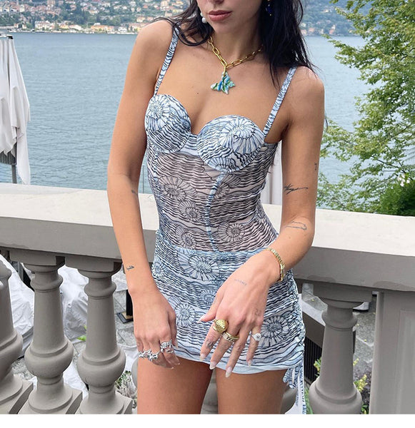 Hot Clubbing Women Vintage Spaghetti Straps See Through Waist Sleeveless Mini Drawstring Pleated Dress