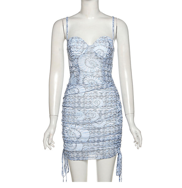 Hot Clubbing Women Vintage Spaghetti Straps See Through Waist Sleeveless Mini Drawstring Pleated Dress