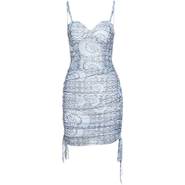 Hot Clubbing Women Vintage Spaghetti Straps See Through Waist Sleeveless Mini Drawstring Pleated Dress