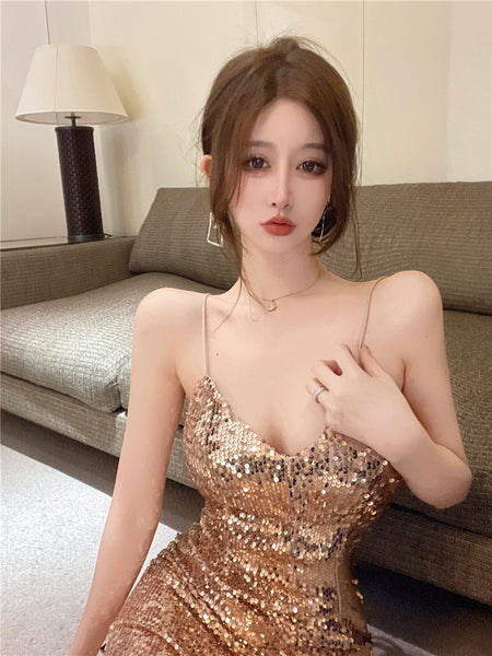 Sexy Ladies Sleeveless Sling Spaghetti Straps Mid Length Sequin V Neck High Waist Split Backless Dress