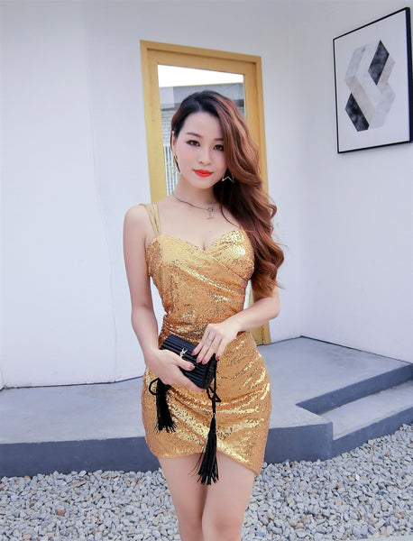 Night Clubbing Sexy Women Blink Sequins V Neck Low Cut Back Cross Spaghetti Straps Irregular Hems Dress