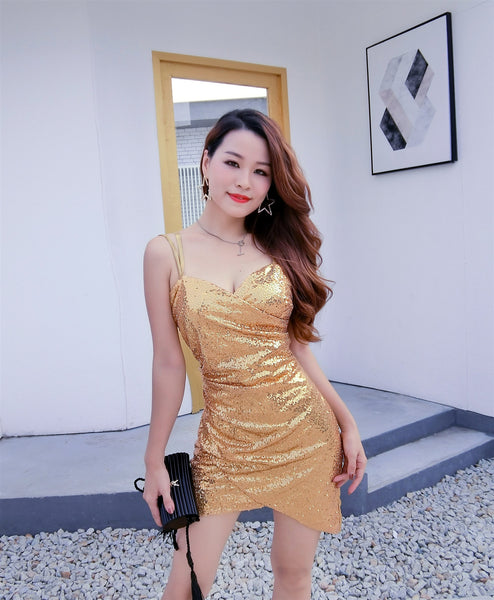 Night Clubbing Sexy Women Blink Sequins V Neck Low Cut Back Cross Spaghetti Straps Irregular Hems Dress