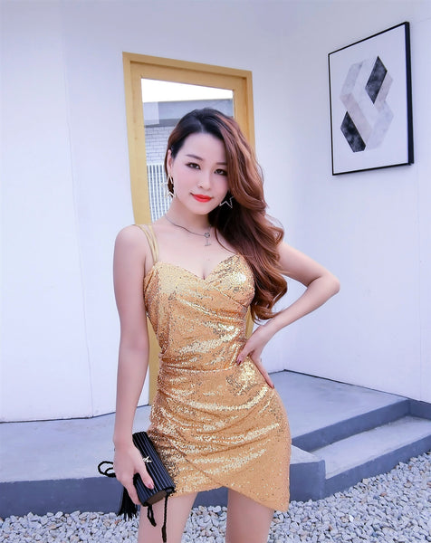 Night Clubbing Sexy Women Blink Sequins V Neck Low Cut Back Cross Spaghetti Straps Irregular Hems Dress