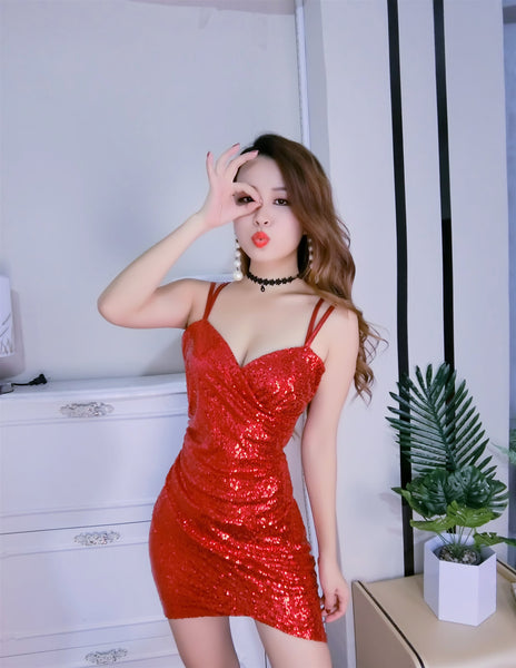 Night Clubbing Sexy Women Blink Sequins V Neck Low Cut Back Cross Spaghetti Straps Irregular Hems Dress