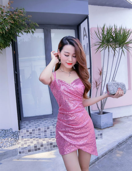 Night Clubbing Sexy Women Blink Sequins V Neck Low Cut Back Cross Spaghetti Straps Irregular Hems Dress
