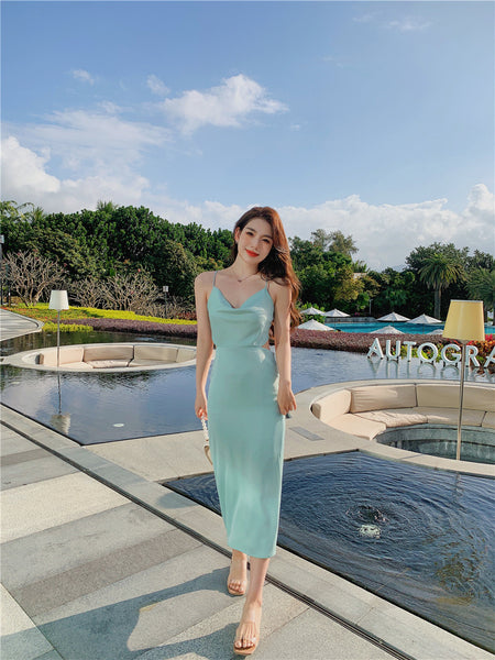 Summer Sweet Hot Sexy Women V Neck Waist Spaghetti Straps Back Cross Satin Long Dress