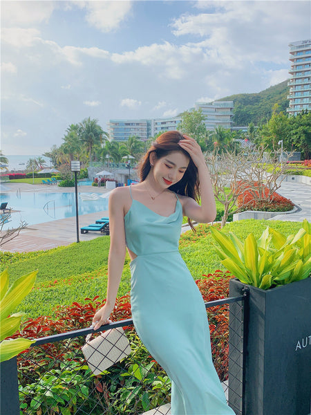 Summer Sweet Hot Sexy Women V Neck Waist Spaghetti Straps Back Cross Satin Long Dress