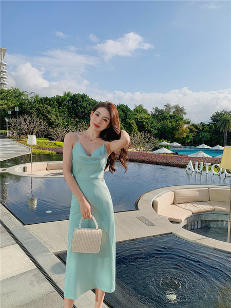 Summer Sweet Hot Sexy Women V Neck Waist Spaghetti Straps Back Cross Satin Long Dress