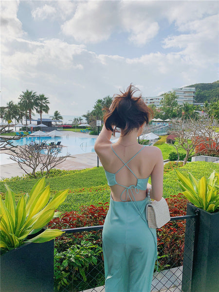 Summer Sweet Hot Sexy Women V Neck Waist Spaghetti Straps Back Cross Satin Long Dress