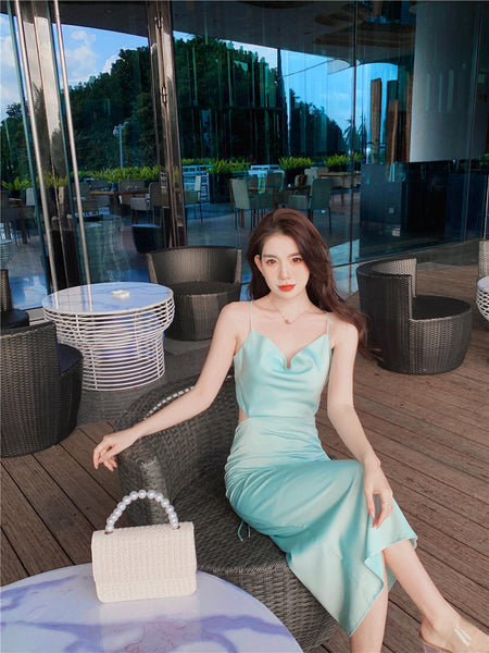 Summer Sweet Hot Sexy Women V Neck Waist Spaghetti Straps Back Cross Satin Long Dress