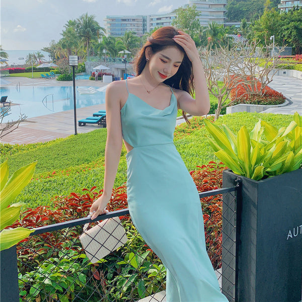 Summer Sweet Hot Sexy Women V Neck Waist Spaghetti Straps Back Cross Satin Long Dress