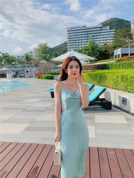 Summer Sweet Hot Sexy Women V Neck Waist Spaghetti Straps Back Cross Satin Long Dress