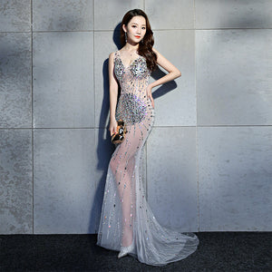 Sexy Night Gathering Evening Gown V Neck See Through Sleeveless Fishtail Mermaid Long Prom Dress