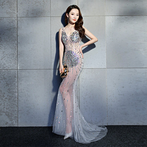 Sexy Night Gathering Evening Gown V Neck See Through Sleeveless Fishtail Mermaid Long Prom Dress