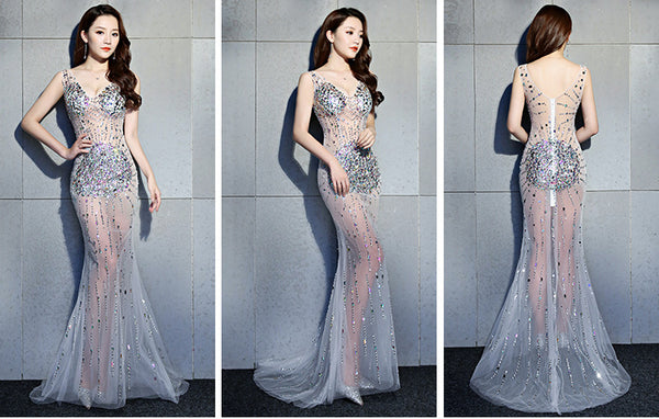 Sexy Night Gathering Evening Gown V Neck See Through Sleeveless Fishtail Mermaid Long Prom Dress