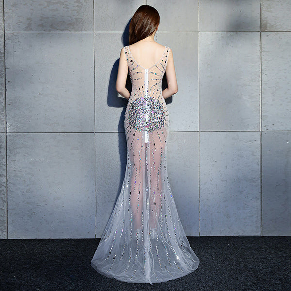 Sexy Night Gathering Evening Gown V Neck See Through Sleeveless Fishtail Mermaid Long Prom Dress