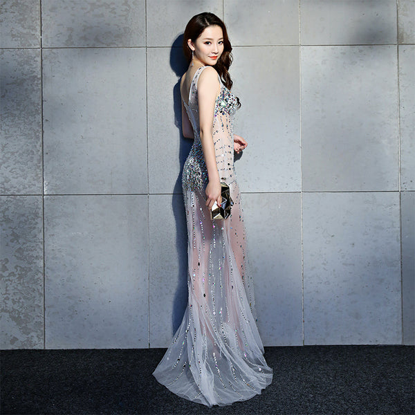 Sexy Night Gathering Evening Gown V Neck See Through Sleeveless Fishtail Mermaid Long Prom Dress