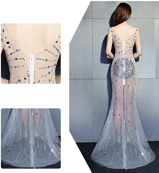 Sexy Night Gathering Evening Gown V Neck See Through Sleeveless Fishtail Mermaid Long Prom Dress