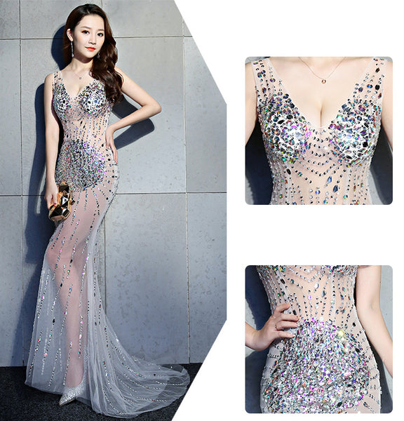 Sexy Night Gathering Evening Gown V Neck See Through Sleeveless Fishtail Mermaid Long Prom Dress