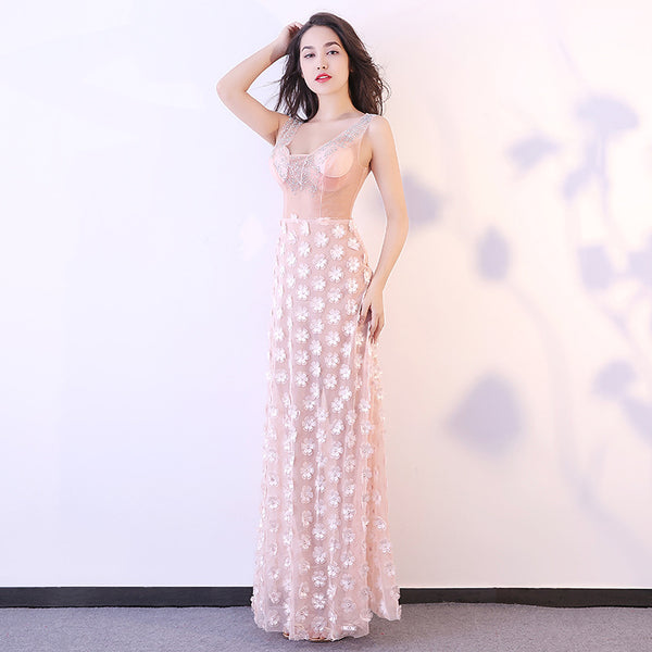 Night Club Sexy Women Mesh Pink Floral Embroidery Transparent Long Prom Evening Dress
