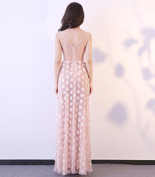 Night Club Sexy Women Mesh Pink Floral Embroidery Transparent Long Prom Evening Dress