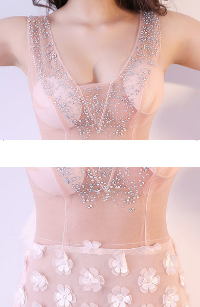 Night Club Sexy Women Mesh Pink Floral Embroidery Transparent Long Prom Evening Dress