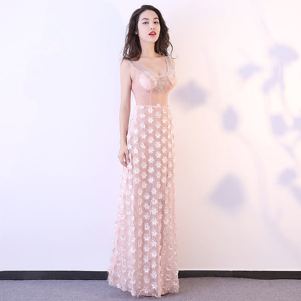 Night Club Sexy Women Mesh Pink Floral Embroidery Transparent Long Prom Evening Dress