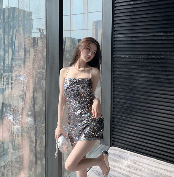 Attractive Princess Mermaid Colorful Striped Sequins Backless Spaghetti Strap Sexy Woman Sparkling Dress