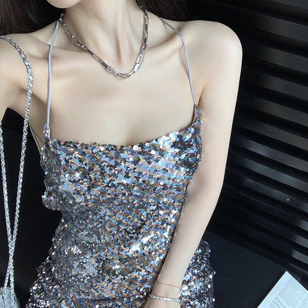 Attractive Princess Mermaid Colorful Striped Sequins Backless Spaghetti Strap Sexy Woman Sparkling Dress
