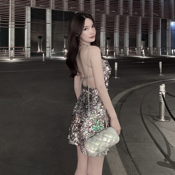 Attractive Princess Mermaid Colorful Striped Sequins Backless Spaghetti Strap Sexy Woman Sparkling Dress