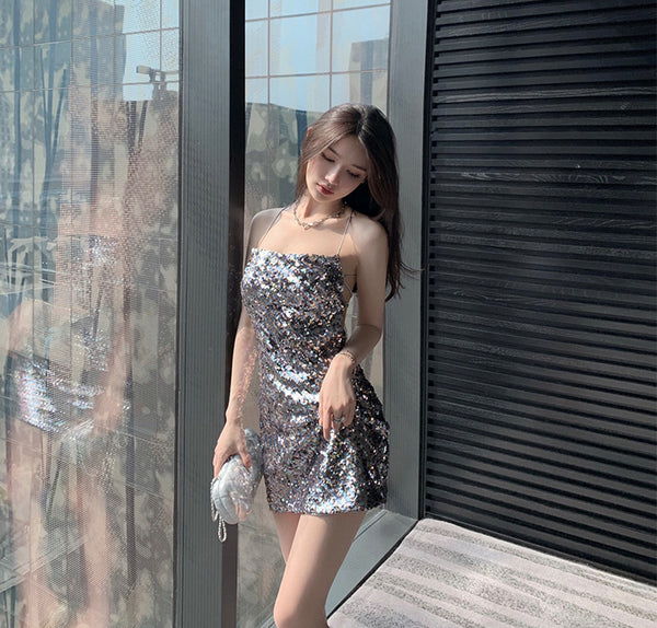 Attractive Princess Mermaid Colorful Striped Sequins Backless Spaghetti Strap Sexy Woman Sparkling Dress