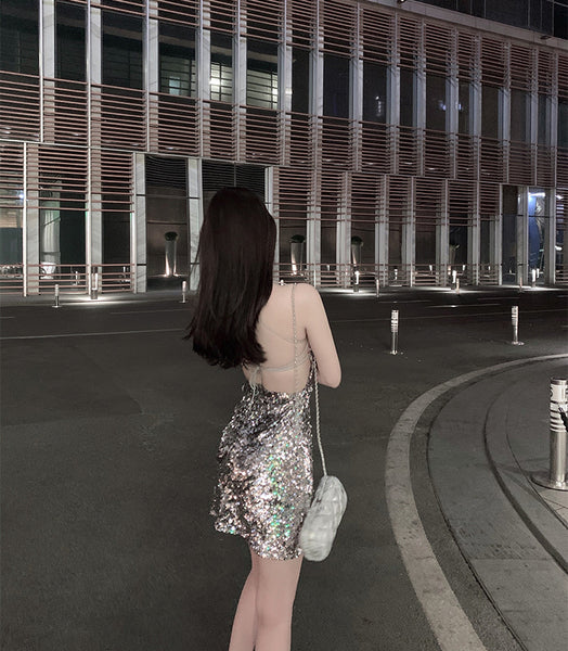 Attractive Princess Mermaid Colorful Striped Sequins Backless Spaghetti Strap Sexy Woman Sparkling Dress