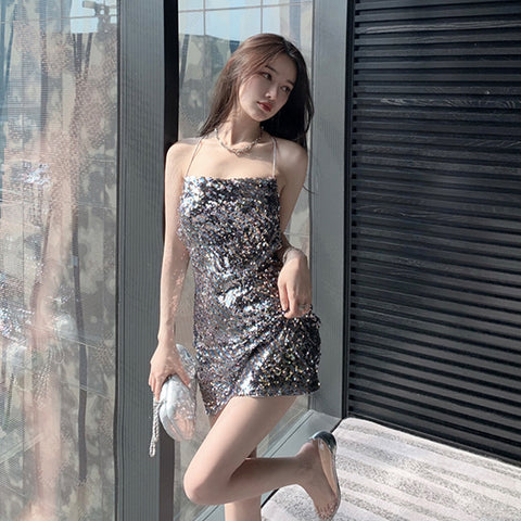 Attractive Princess Mermaid Colorful Striped Sequins Backless Spaghetti Strap Sexy Woman Sparkling Dress