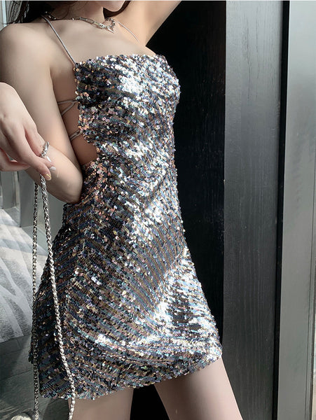 Attractive Princess Mermaid Colorful Striped Sequins Backless Spaghetti Strap Sexy Woman Sparkling Dress