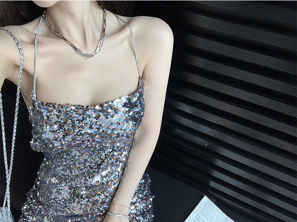 Attractive Princess Mermaid Colorful Striped Sequins Backless Spaghetti Strap Sexy Woman Sparkling Dress