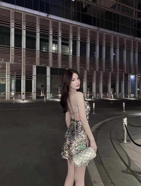 Attractive Princess Mermaid Colorful Striped Sequins Backless Spaghetti Strap Sexy Woman Sparkling Dress