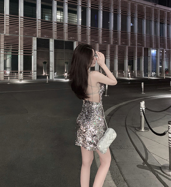 Attractive Princess Mermaid Colorful Striped Sequins Backless Spaghetti Strap Sexy Woman Sparkling Dress