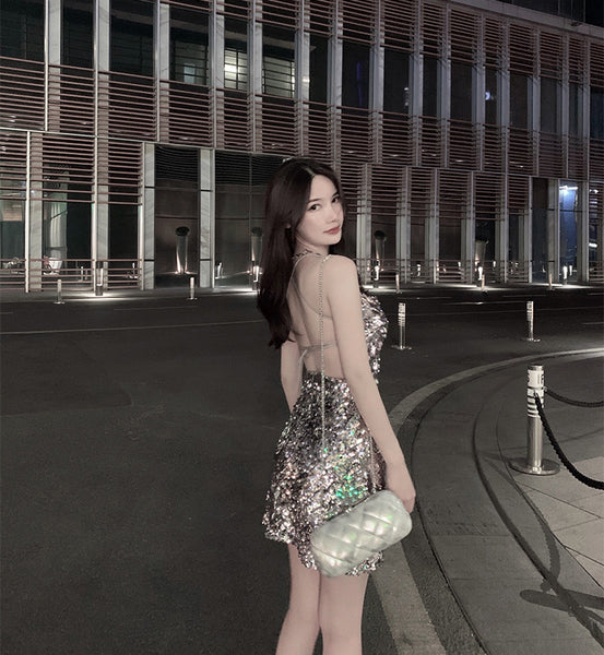 Attractive Princess Mermaid Colorful Striped Sequins Backless Spaghetti Strap Sexy Woman Sparkling Dress