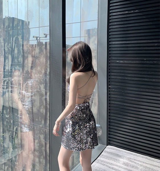 Attractive Princess Mermaid Colorful Striped Sequins Backless Spaghetti Strap Sexy Woman Sparkling Dress