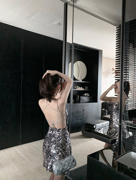 Attractive Princess Mermaid Colorful Striped Sequins Backless Spaghetti Strap Sexy Woman Sparkling Dress