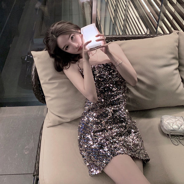 Attractive Princess Mermaid Colorful Striped Sequins Backless Spaghetti Strap Sexy Woman Sparkling Dress