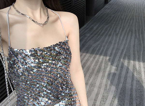 Attractive Princess Mermaid Colorful Striped Sequins Backless Spaghetti Strap Sexy Woman Sparkling Dress