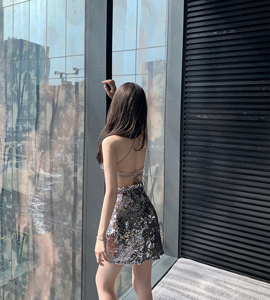 Attractive Princess Mermaid Colorful Striped Sequins Backless Spaghetti Strap Sexy Woman Sparkling Dress