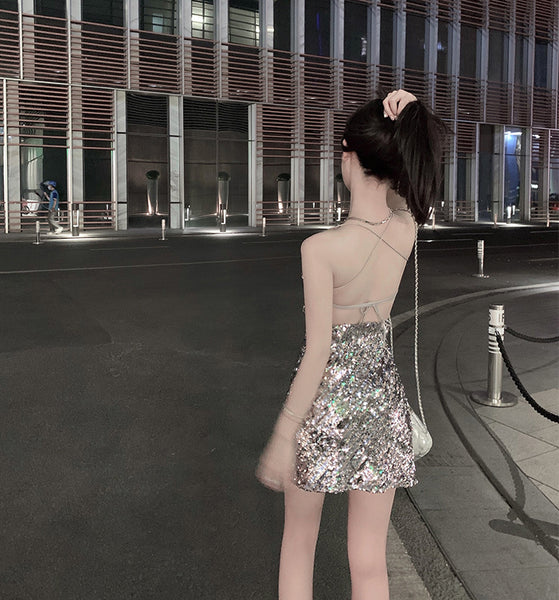 Attractive Princess Mermaid Colorful Striped Sequins Backless Spaghetti Strap Sexy Woman Sparkling Dress