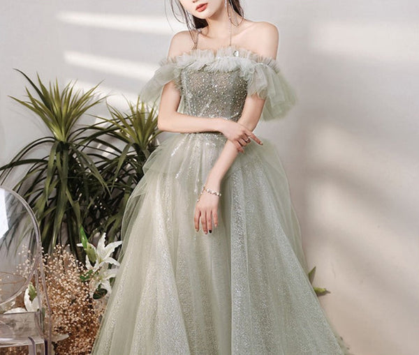 Sparkle Green Forest Dreamy Off Shoulder Short Sleeved Pleated Tulle Evening Prom Dress