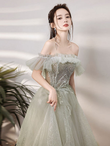 Sparkle Green Forest Dreamy Off Shoulder Short Sleeved Pleated Tulle Evening Prom Dress