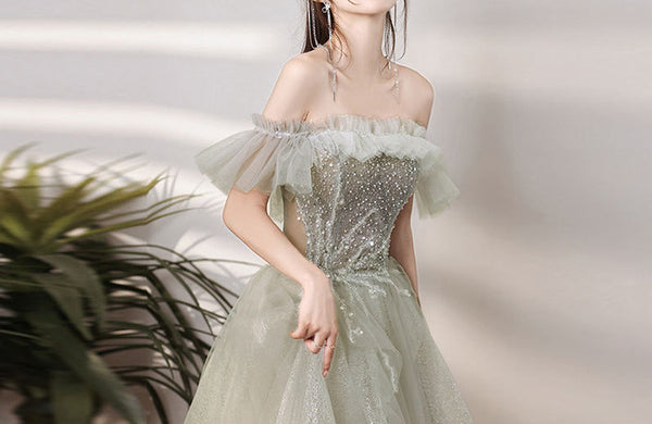 Sparkle Green Forest Dreamy Off Shoulder Short Sleeved Pleated Tulle Evening Prom Dress